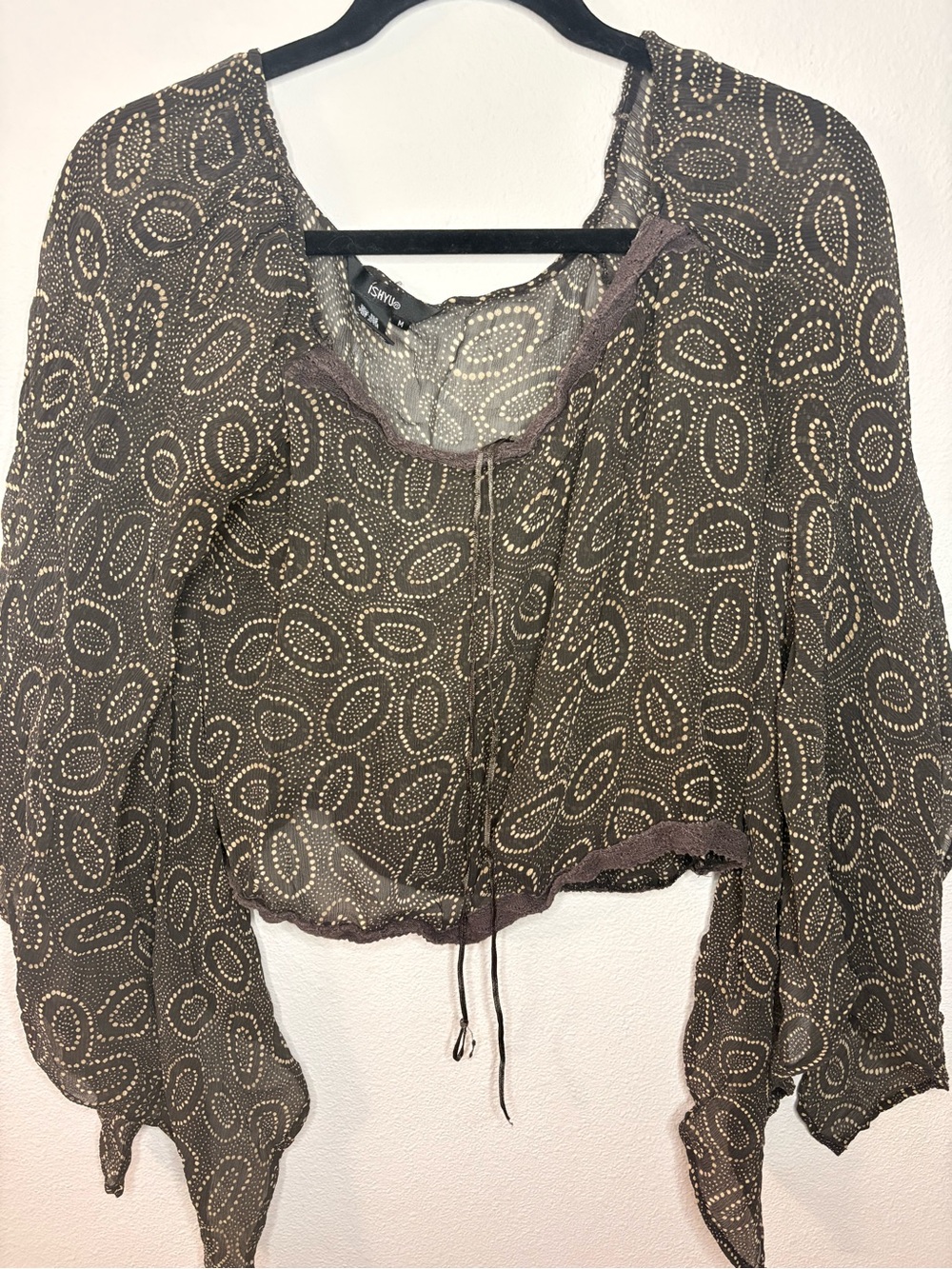 Sheer Brown Printed Peasant Blouse with Cream Dot Motif-136